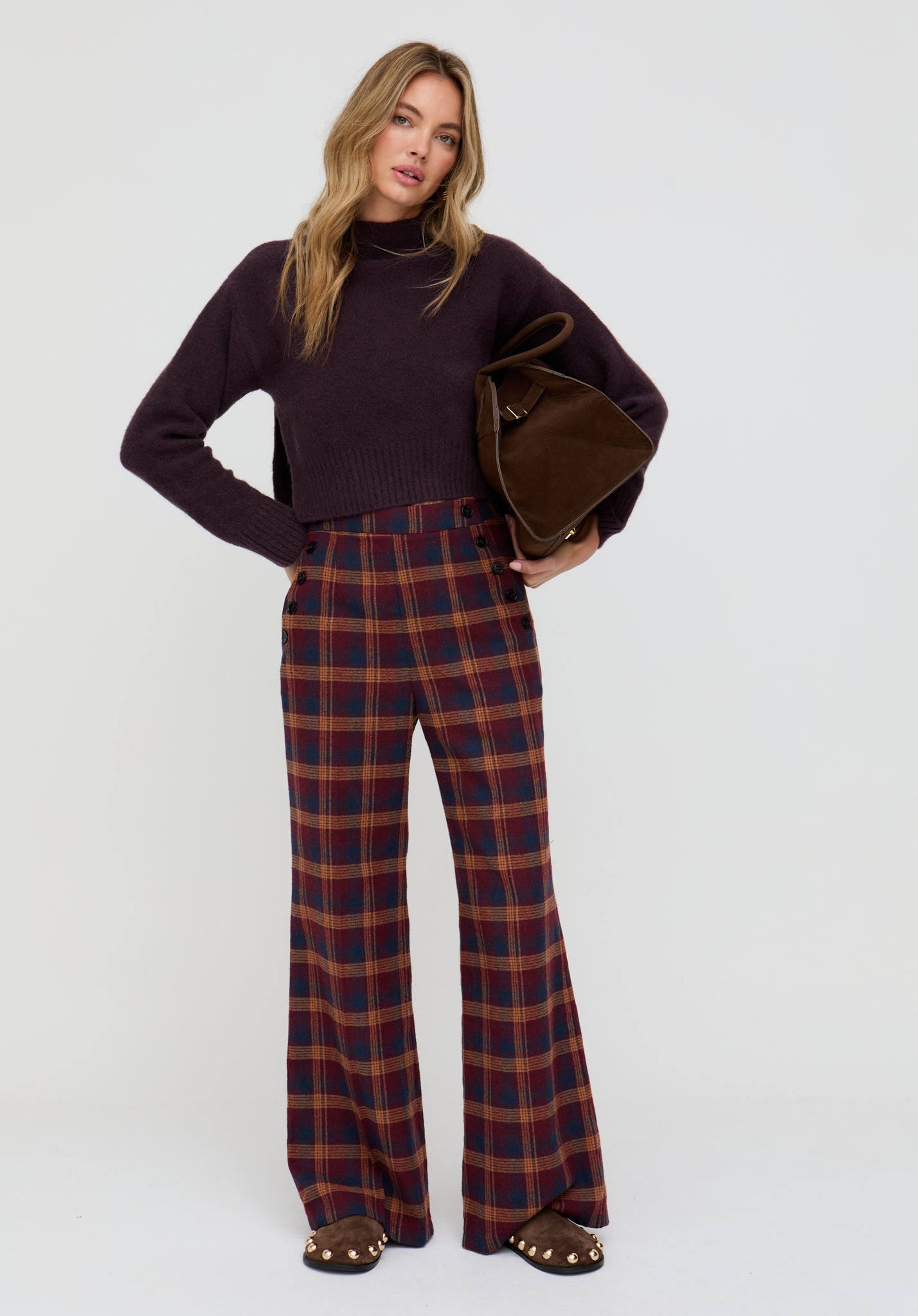 Damson High Waisted Tartan Print Trouser In Burgundy - image 5
