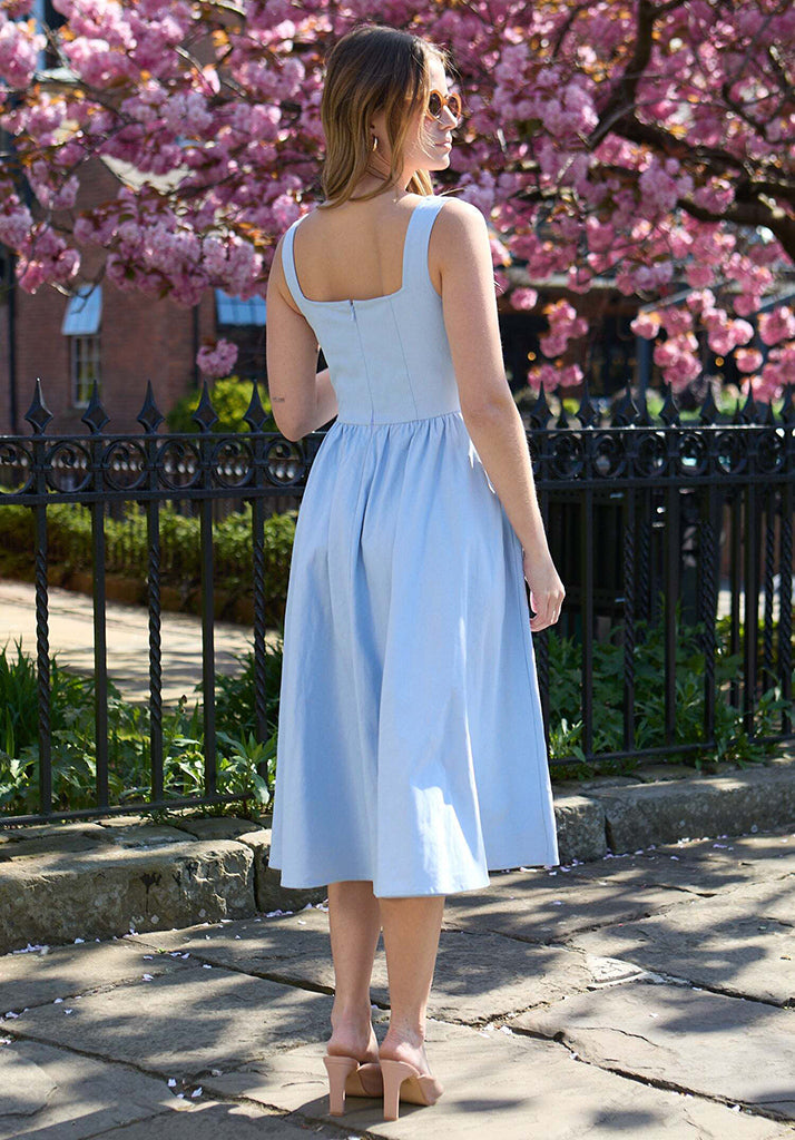 model wearing Hayley Corset Inspired Midi Dress In Light Blue - image 5