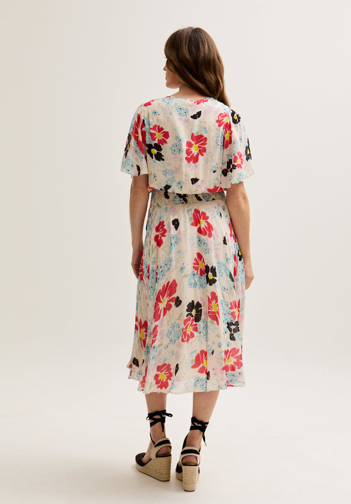 Galaxy Cowl Neck Poppy Print Midi Dress In Multi