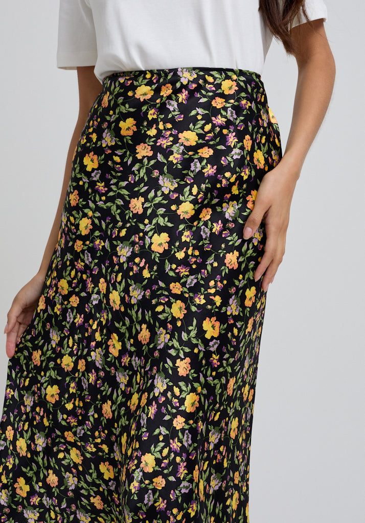 Floral Printed Midi Skirt with black base and bright flowers
