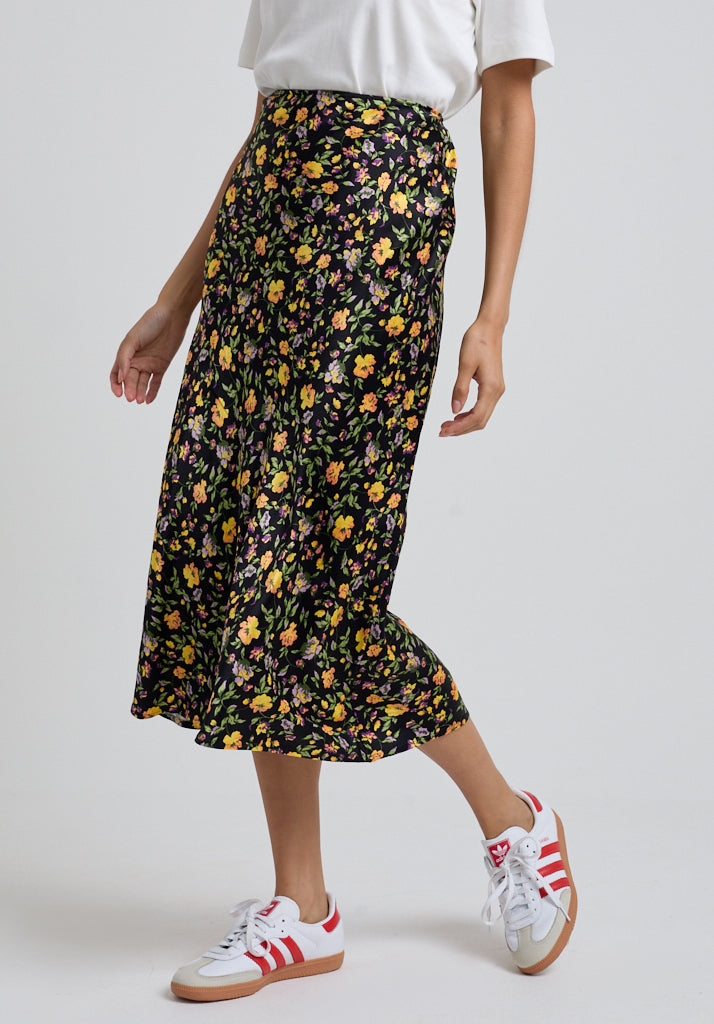 Floral Printed Midi Skirt with black base and bright flowers