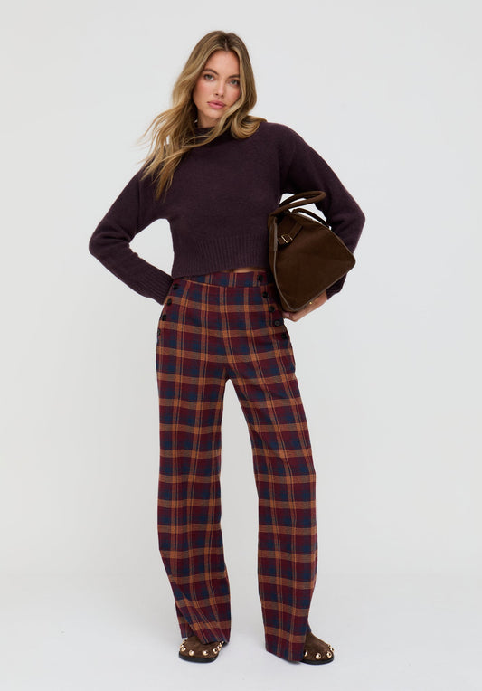 Damson High Waisted Tartan Print Trouser In Burgundy - image 1