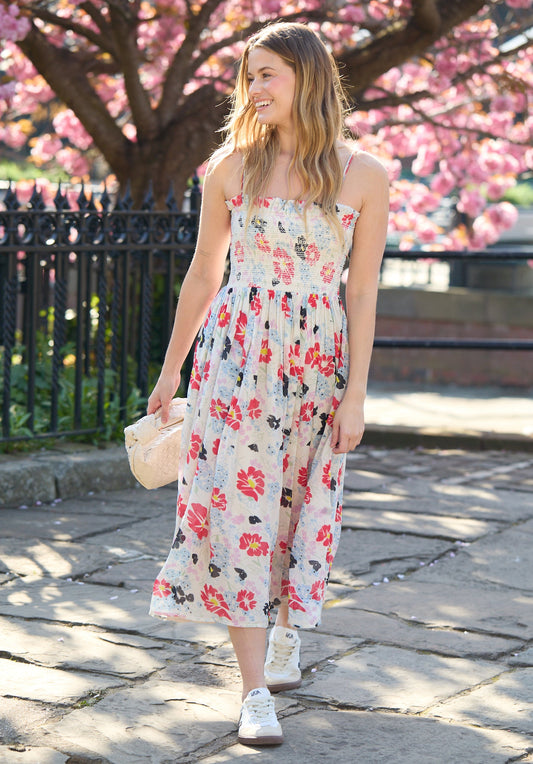 Jessica Detachable Strap Poppy Floral Print Midi Dress In Multi - image 1