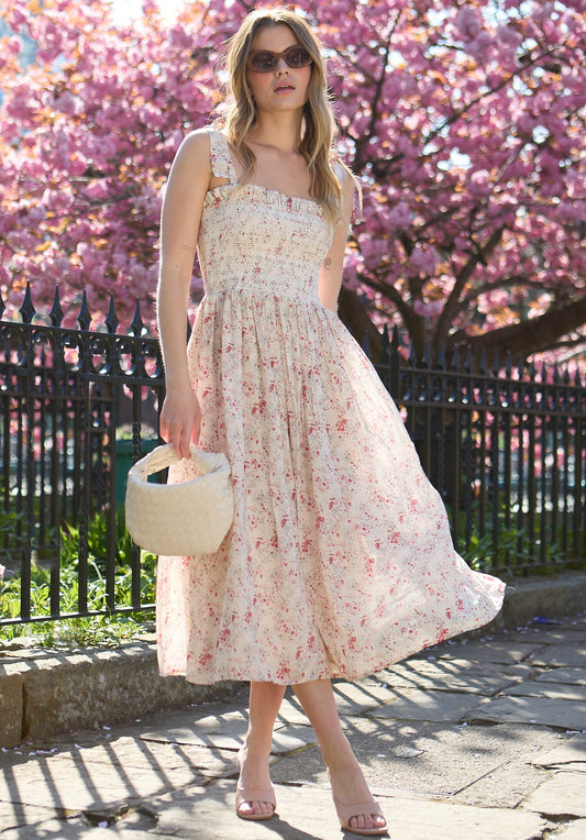 Annie Smocked Wishing Well Floral Print Midi Dress In Multi - image 1