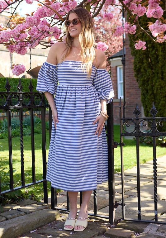 Sara Stripe Bardot Midi Dress In Multi - image 1