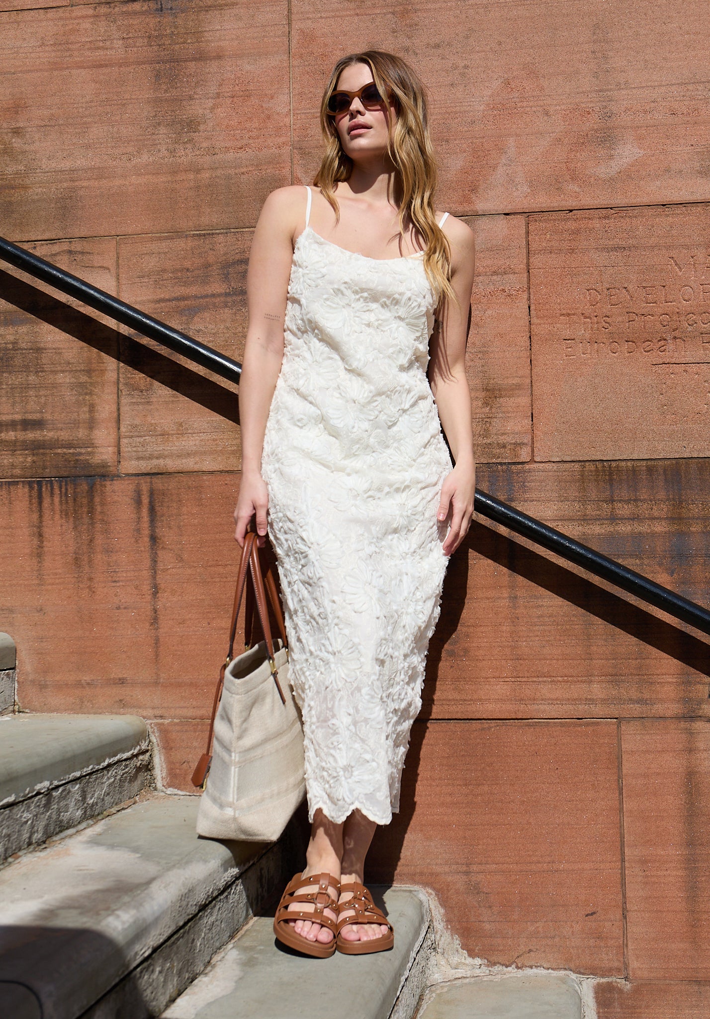 Lily Spaghetti Strap Ribbon Work Midi Dress In Cream- image 1