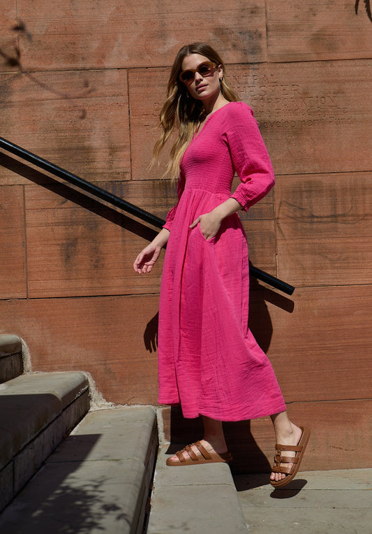 Paulina Shirred Bodice Midi Dress In Pink - image 1