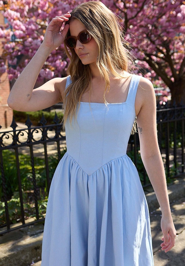 model wearing Hayley Corset Inspired Midi Dress In Light Blue - image 4