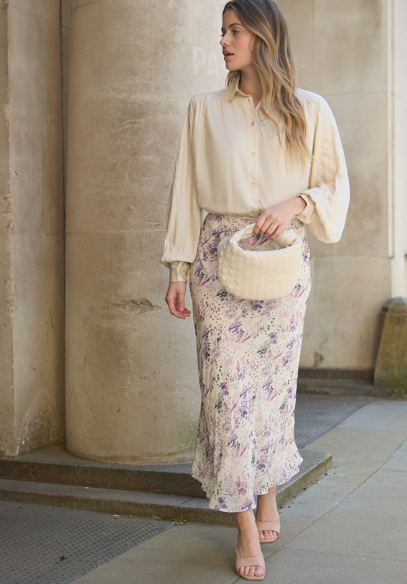 model wearing Saint Lace Insert Wonderland Print Midi Skirt In Multi - image 1