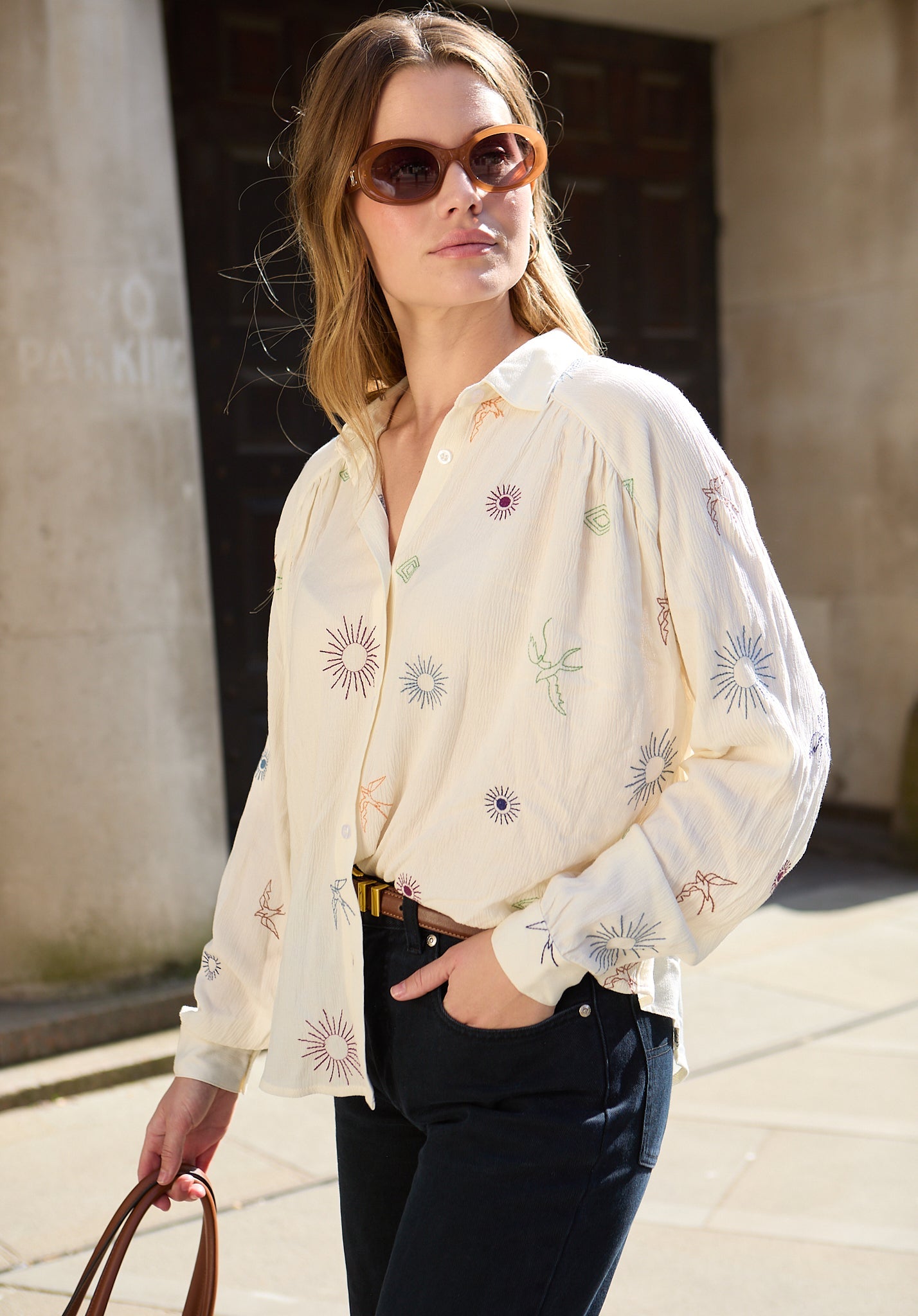 Swallow Crinkle Embroidered Shirt In Cream - image 3