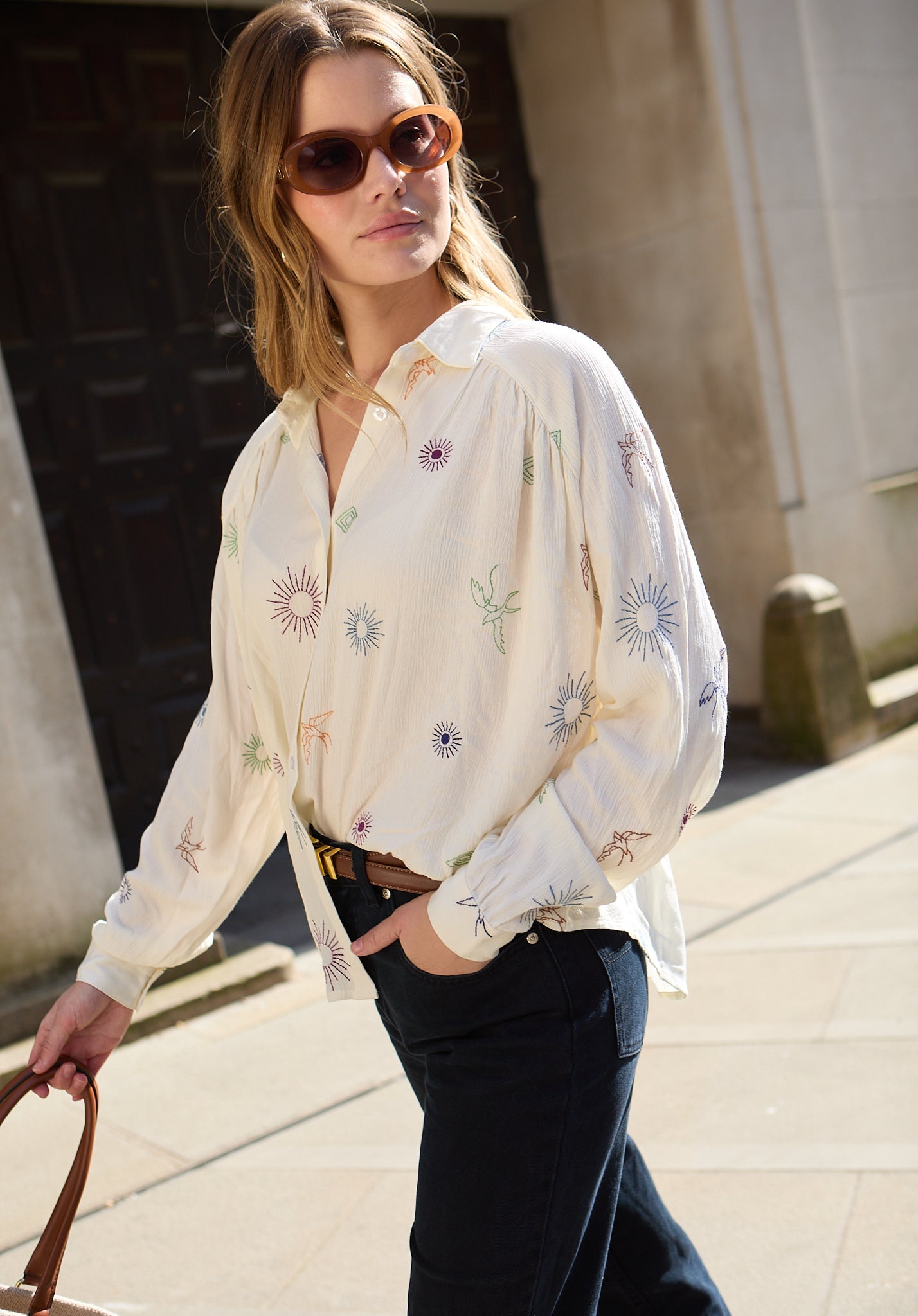 Swallow Crinkle Embroidered Shirt In Cream - image 1