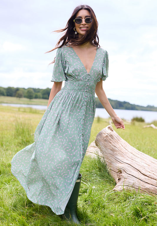 Light green V Neck Printed Midi dress with gathered waist and fluted sleeve