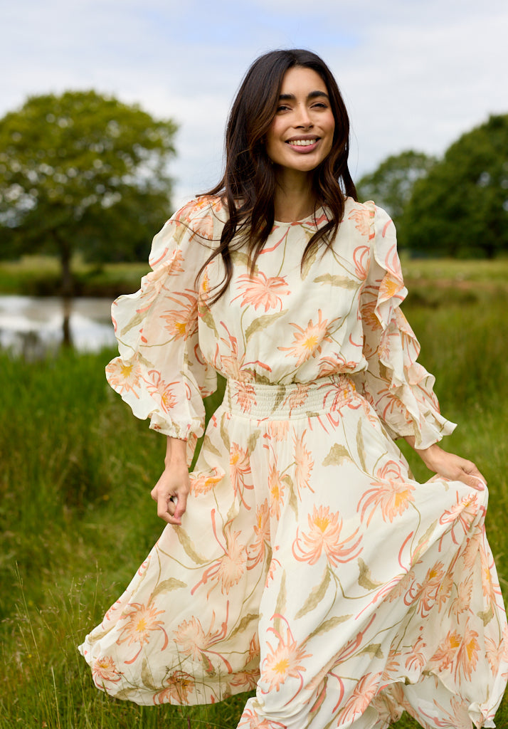 Floaty printed floral Midi dress with ruffle sleeve and gathered waist