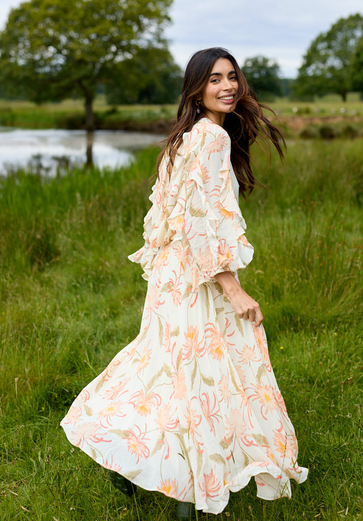 Floaty printed floral Midi dress with ruffle sleeve and gathered waist