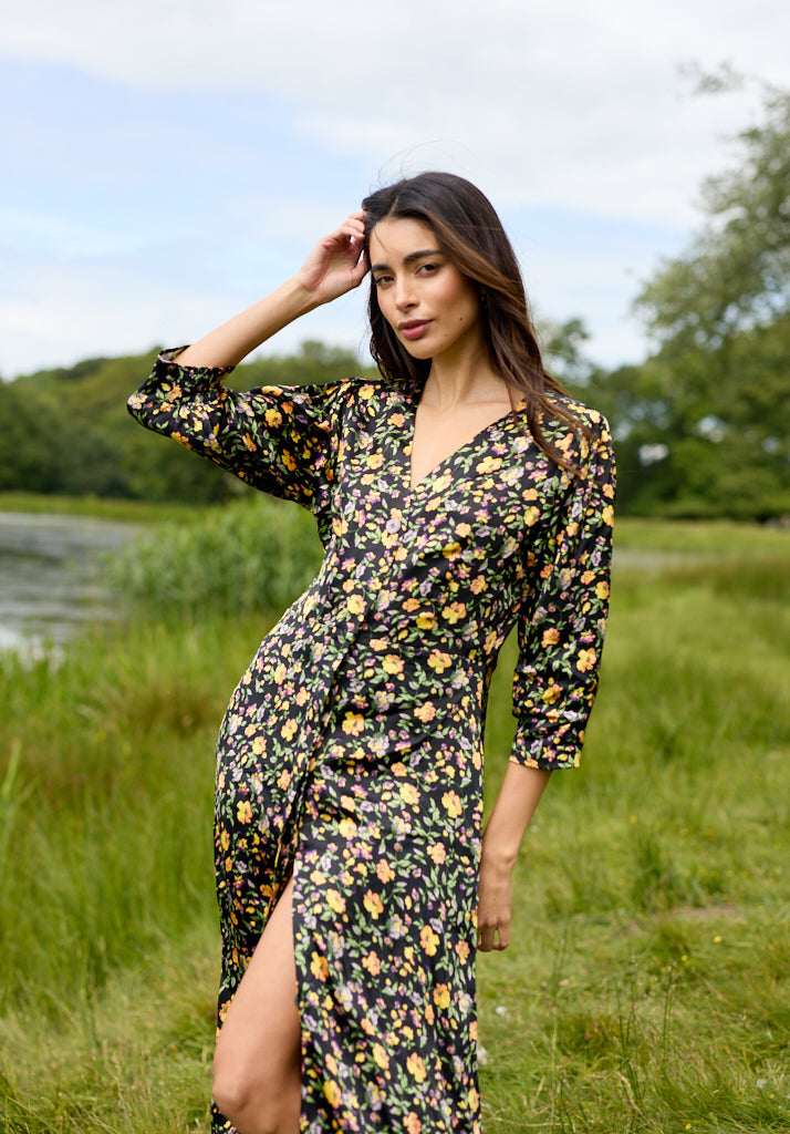 Floral Printed Midi Dress with buttons and 3/4 sleeves