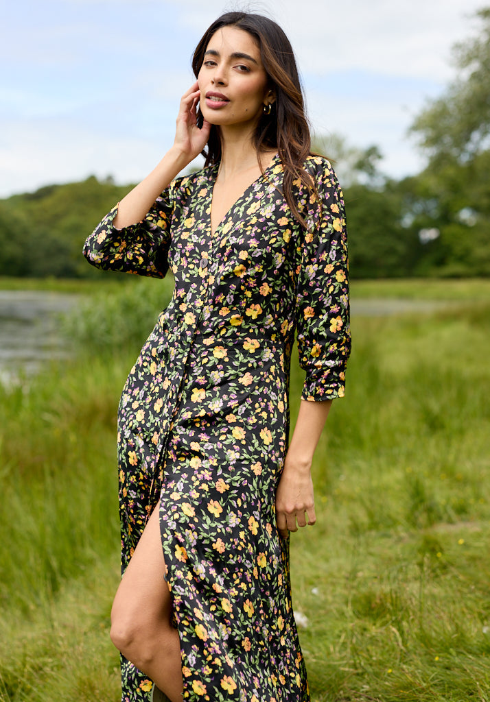 Floral Printed Midi Dress with buttons and 3/4 sleeves