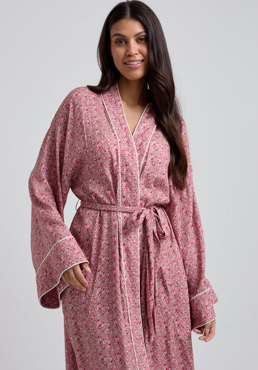 Womens Vintage Print Robe with Tie Waist and Piping Detail