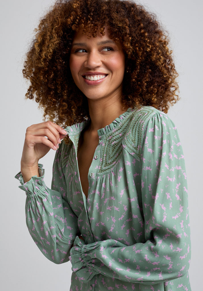 Light green Printed Blouse with gathered cuffs and embroidered neck detail 