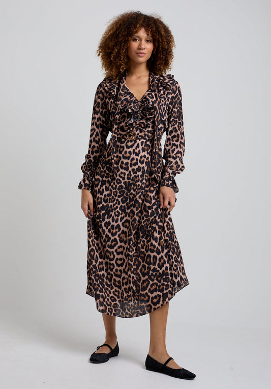 Margot Big Cat Midi Dress in Brown