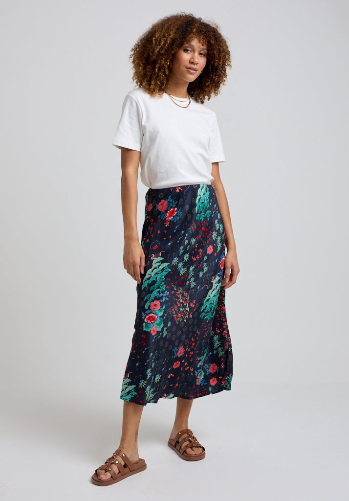 Leaf printed sheer midi skirt with zip fastening