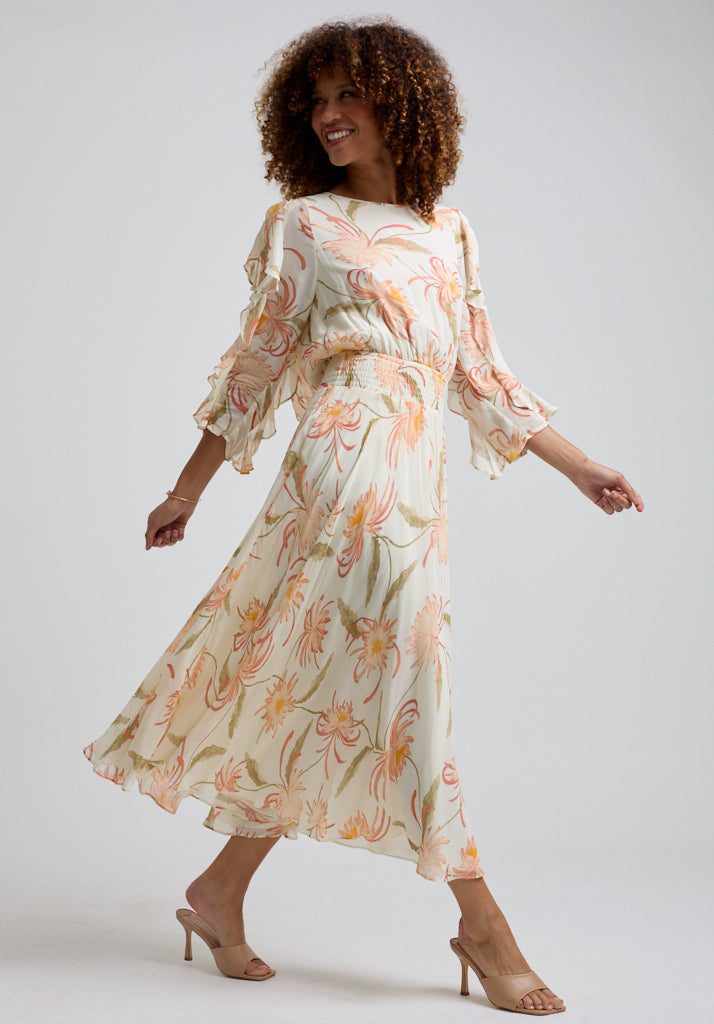 Floaty printed floral Midi dress with ruffle sleeve and gathered waist