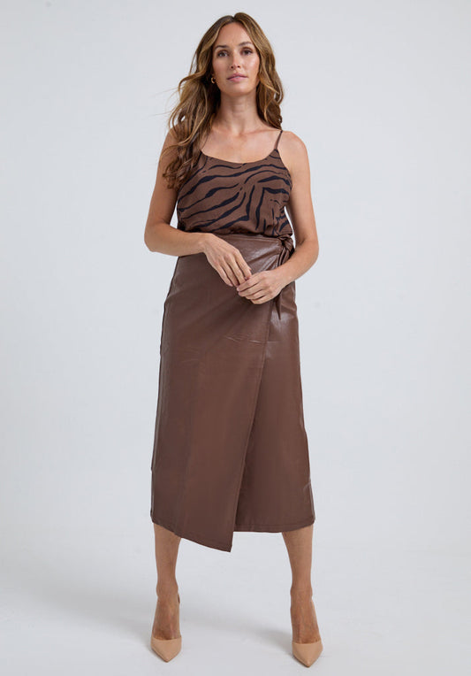 Emily Faux Fur Wrap Midi Skirt In Brown