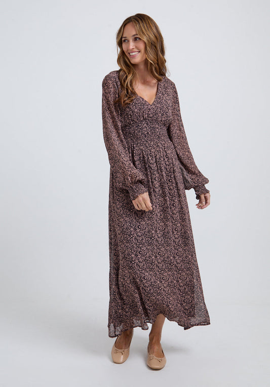 Pearl Harvest Midi Dress In Brown