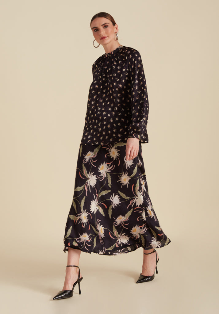 Clara Moonflower Midi Skirt in Navy