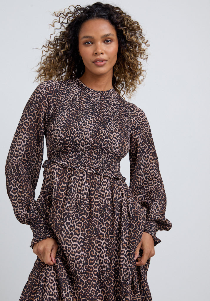 Elsie Big Cat Fullsleeves Midi Dress in Brown