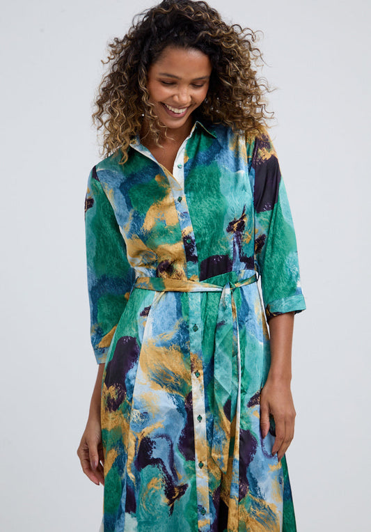 Hazel Painterly Midi Dress In Green