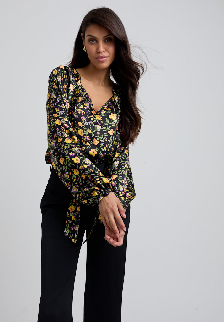 Floral Printed Blouse with Long sleeve and neck tie detail 