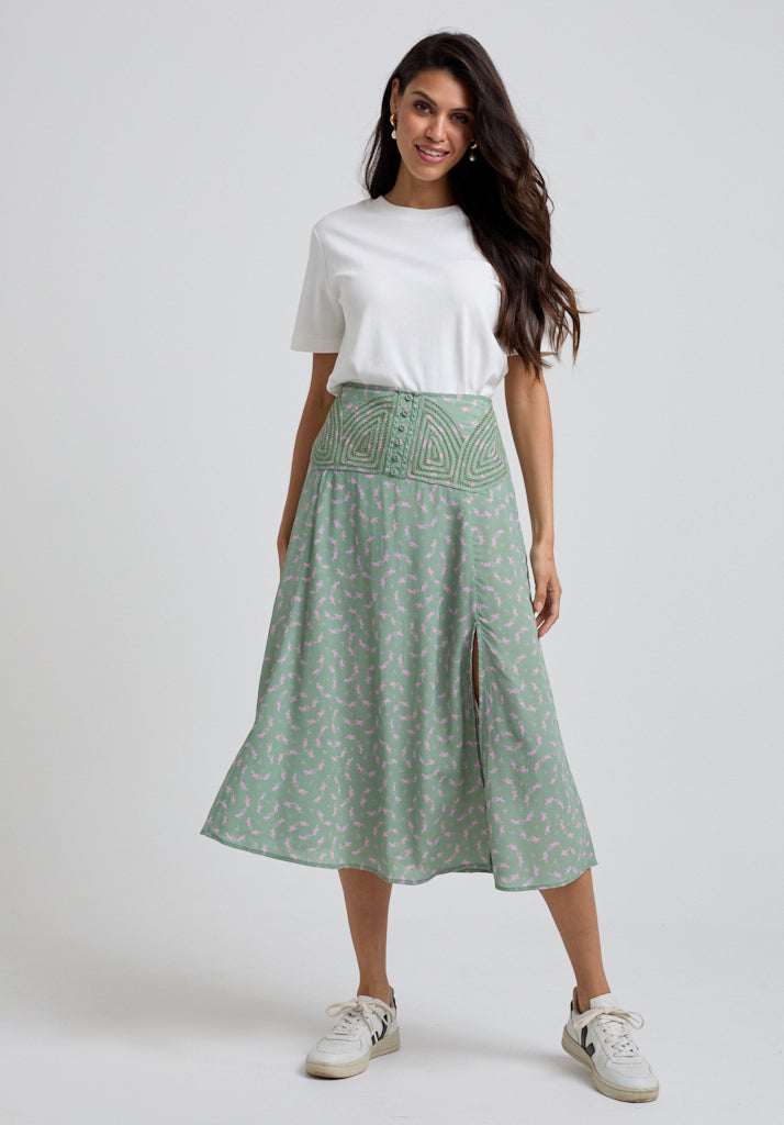 Light green Printed midi skirt with button waist and knee length split