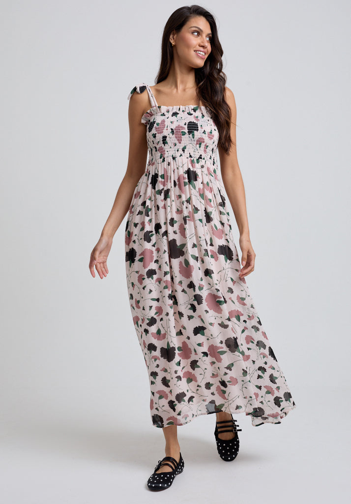 Floral Printed Midi dress with tie shoulder detail and gathered bust