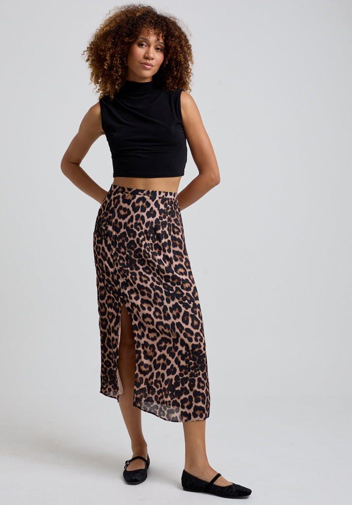 Grace Big Cat Midi Skirt in Brown