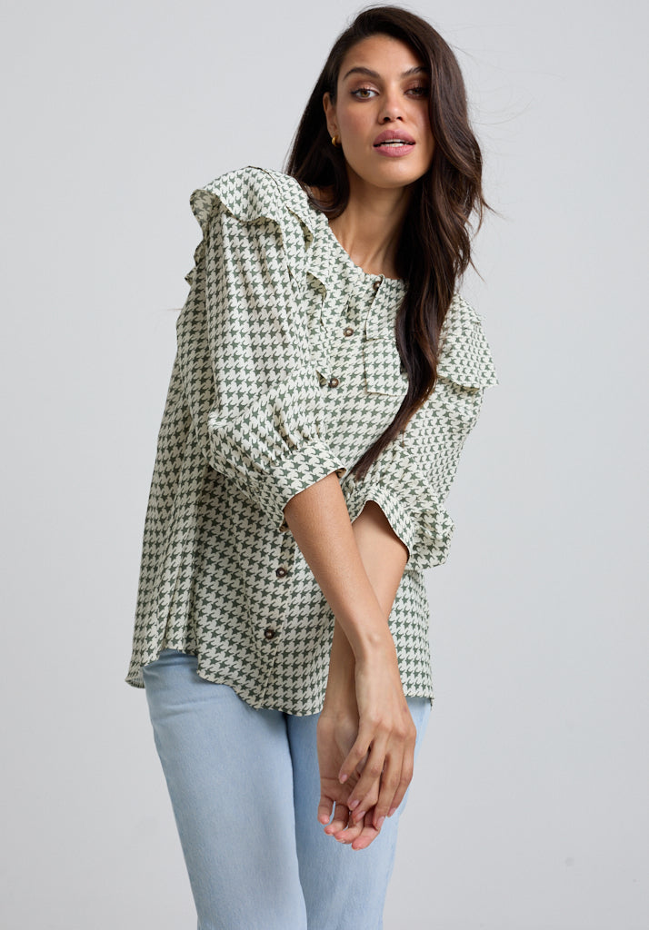 Keira Houndstooth Blouse in Green