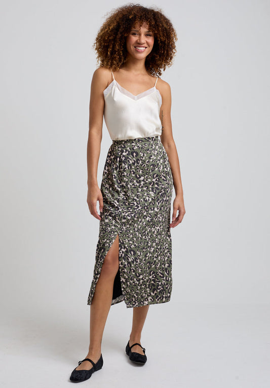 Grace Khaki Cat Midi Skirt in Green