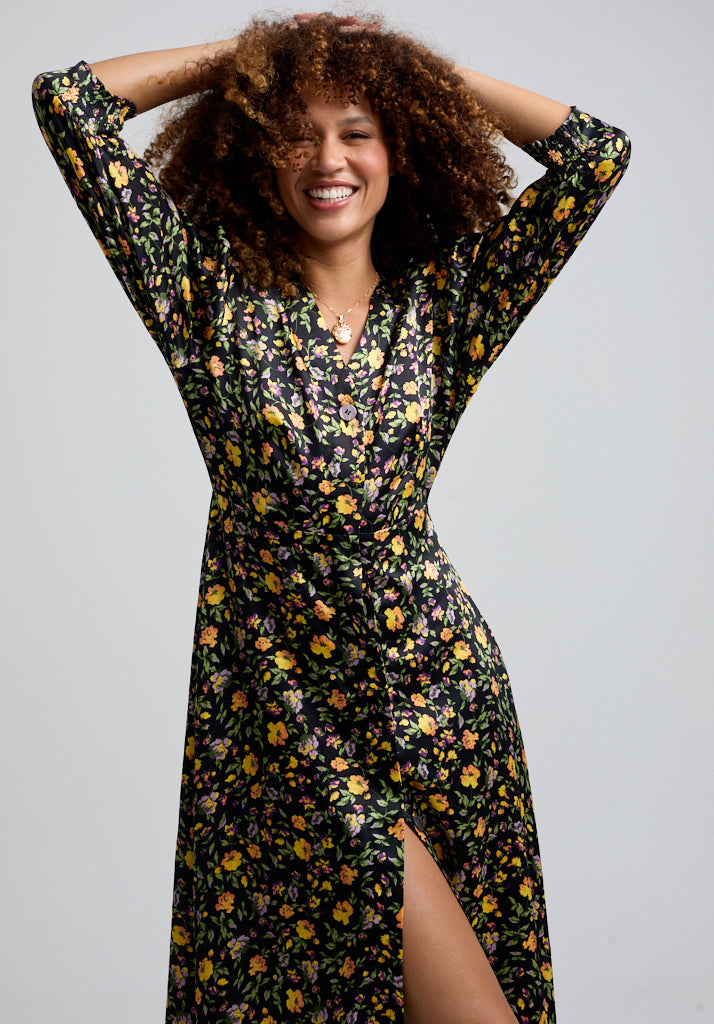 Floral Printed Midi Dress with buttons and 3/4 sleeves