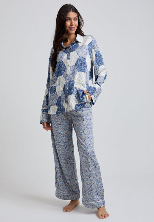 Evie Aster Patchwork Pyjama Set in Blue