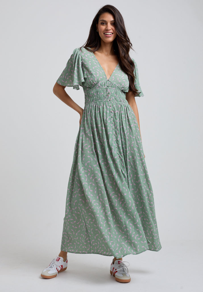 Light green V Neck Printed Midi dress with gathered waist and fluted sleeve