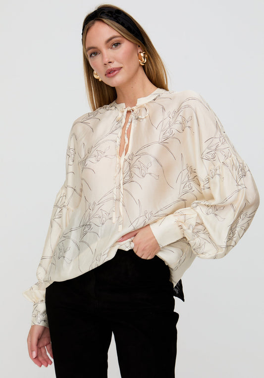 Rosetti Billowy Sleeves Hand Drawn Floral Print Blouse In Cream