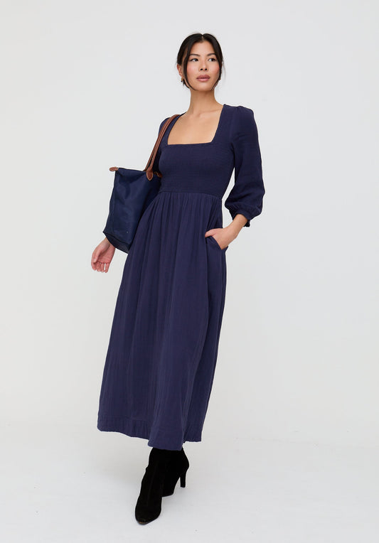 Pippa Shirred Bodice Maxi Dress In Navy