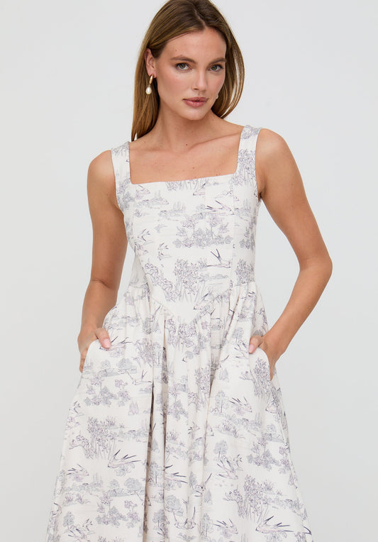 Hayley Corset Inspired Josephine Print Midi Dress In Cream