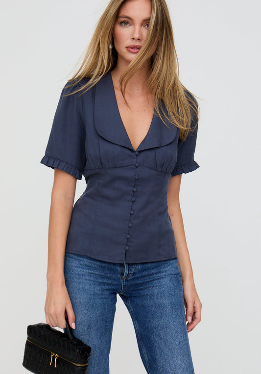 Rachel Vintage Inspired Short Sleeve Shirt In Navy
