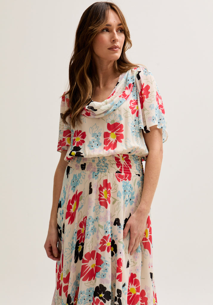 Galaxy Cowl Neck Poppy Print Midi Dress In Multi
