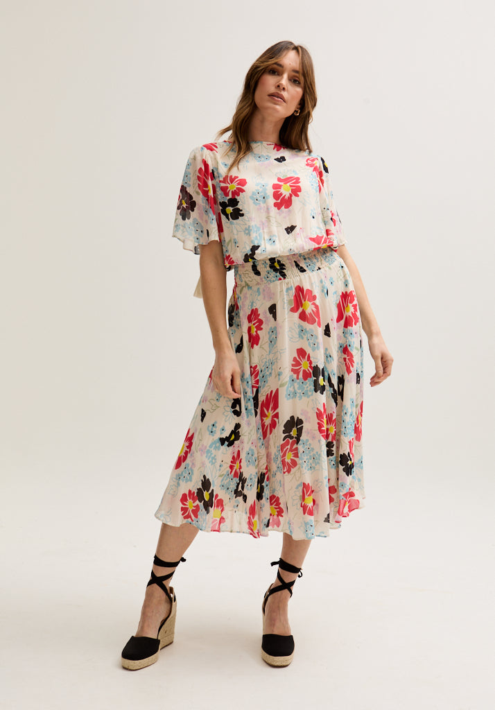 Galaxy Cowl Neck Poppy Print Midi Dress In Multi