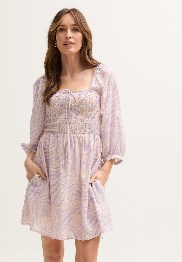 Lucy Shirred Bodice Banana Check Print Mini Dress In Multi