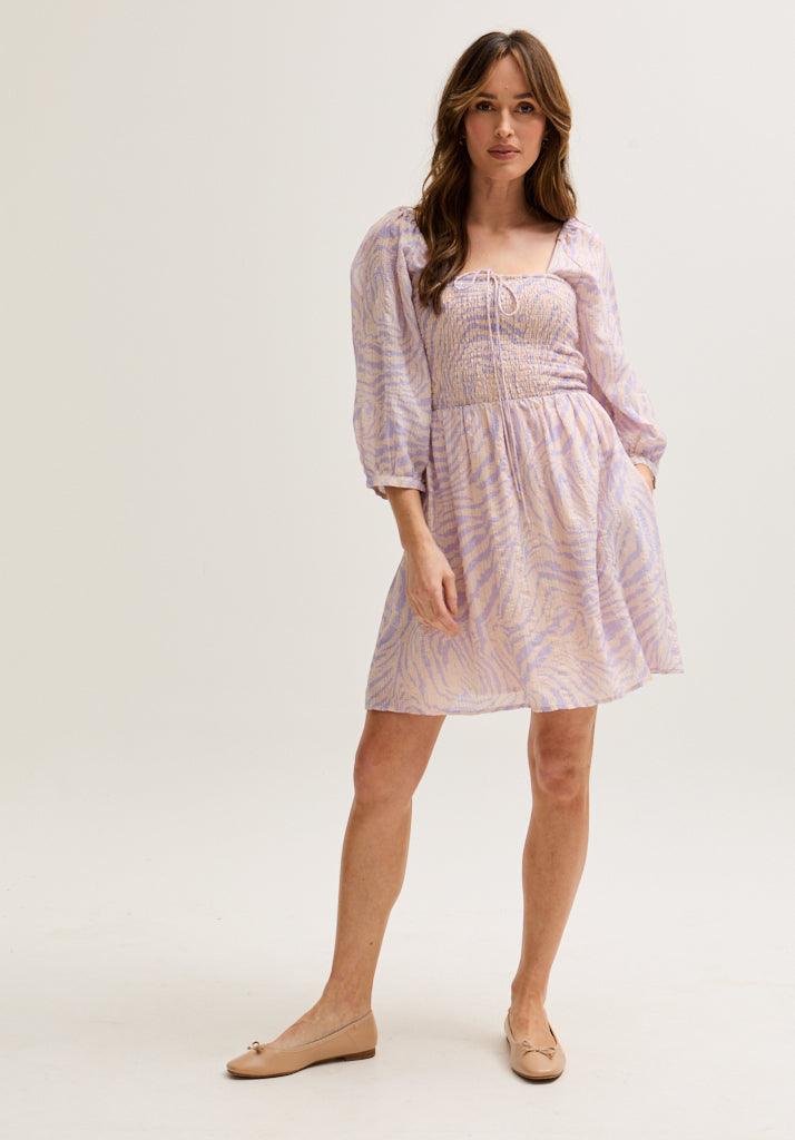 Lucy Shirred Bodice Banana Check Print Mini Dress In Multi