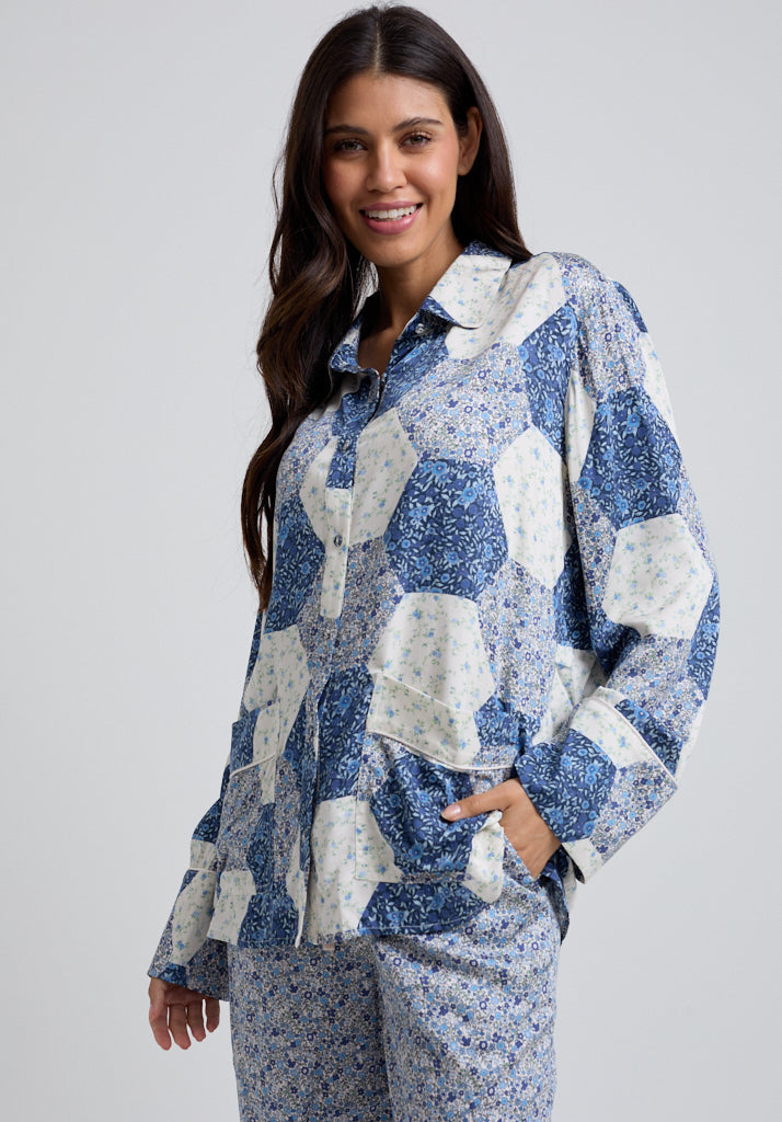 Evie Aster Patchwork Pyjama Set in Blue