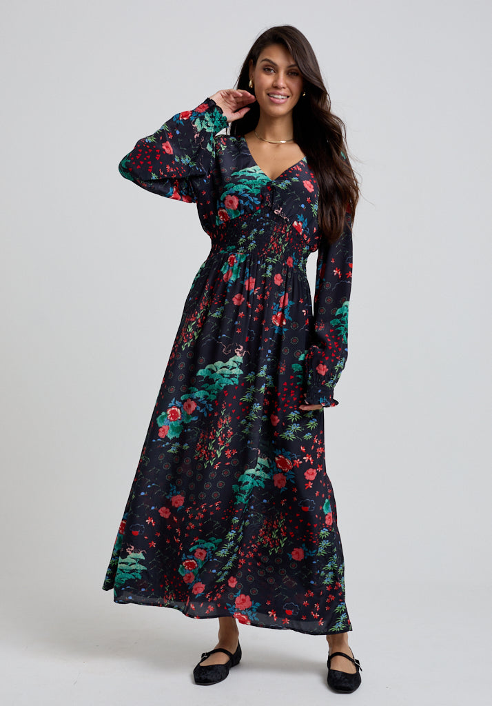 Leaf printed Long Sleeve Midi dress with V neck