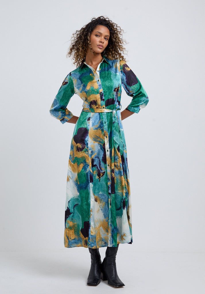 Hazel Button Down Painterly Print Midi Dress In Green